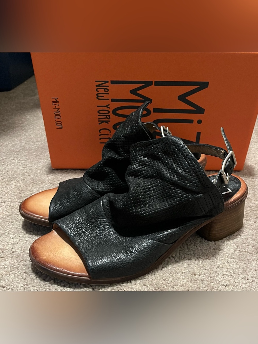 Miz Mooz Black Leather Peep-Toe Slingback Clogs
